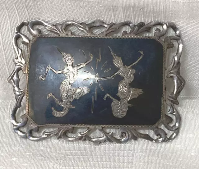 Niello SIAM 925 STERLING SILVER rectangular brooch Thailand Vintage Early