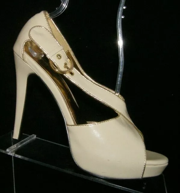 Fredericks of Hollywood beige tan cross strap buckle platform heels 8.5