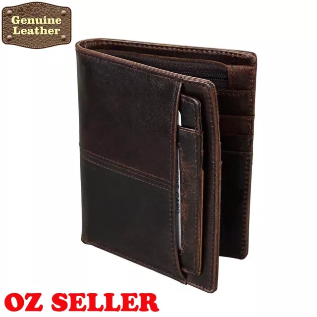 Premium Genuine Leather Mens Purse Bifold Brown Business Credit Card Wallet
