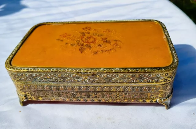 Antique Victorian Metal Etched Relief Jewellery  Box Hand Embroidered Lid