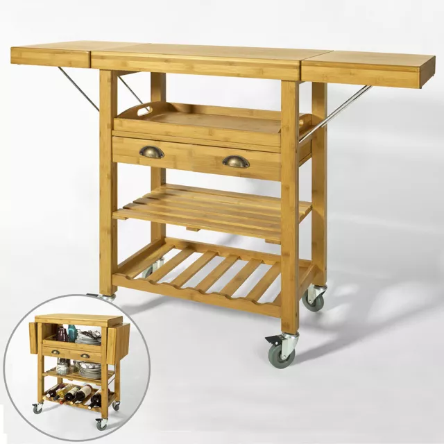 SoBuy® Bamboo Kitchen Trolley Cart with Folding Hinged Side Boards, FKW25-N, UK