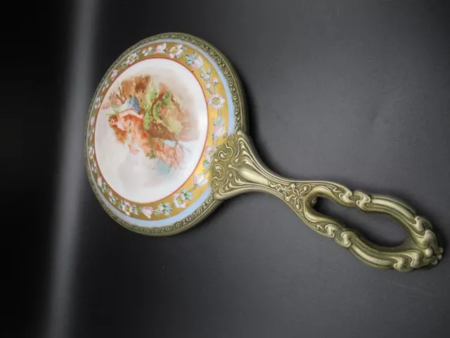 Antique french Art Nouveau gilded silver hand painted porcelain hand mirror 2