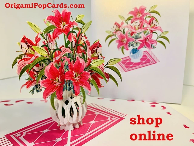ORIGAMI POP CARDS Lush Pink Lilies in Vase 3D Pop Up Greeting Card ...