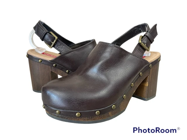 Unionbay Faux Wooden Heel Clog Sz 8 Brown Faux Leather Nail Studs Retro Y2K 90s