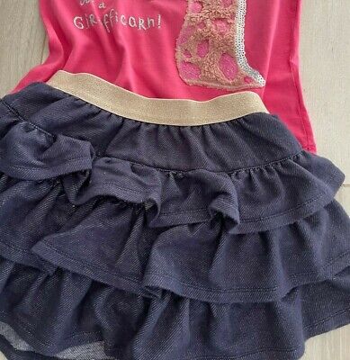 OLLIE'S PLACE girls summer outfit set pink unicorn giraffe top+navy skirt size 4 2