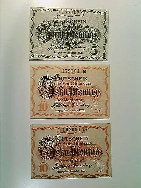 Notgeld, Stadt Delitzsch, 1x 5 und 2x 10 Pfennig, 1920/1921