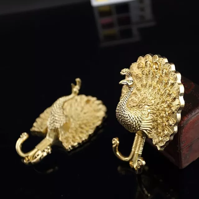 Golden Peacock Double Wall Hook Key Towel Coat Purse Hanger Brass Alloy 5 inch