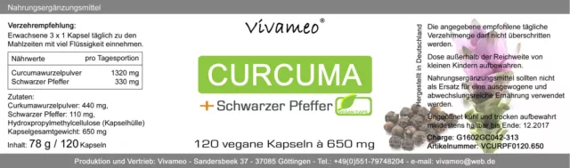 Vivameo 240 Curcuma Kapseln à 650 mg avec noir Poivre, Curcuma, Curcumine 2