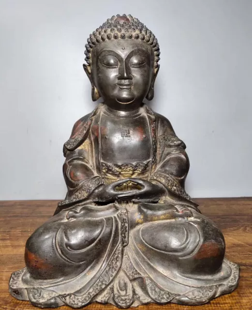 Sculpture de Bouddha Amitabha Shakyamuni Bouddhisme Rare Vieux Bronze 12 "