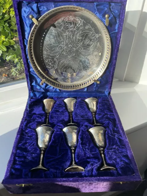 Vintage Silver-Plated Cordial Set Of 7 In Velvet Box