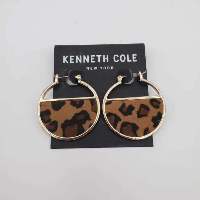 NWT Kenneth Cole Earrings Gold Tone Hoops Leopard Print