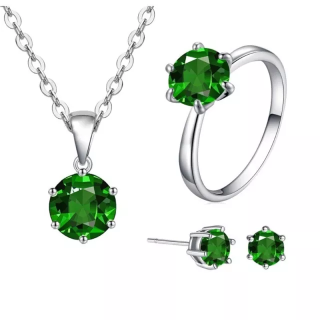 3Pcs/set Bridal Jewelry Set with Six Claw green Zircon Necklace Earrings Ring