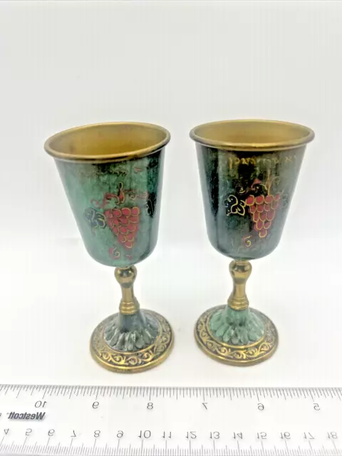 Vintage Pair Goblet Hand-painted Chalice Enameled Brass Isreali Kiddush Cup