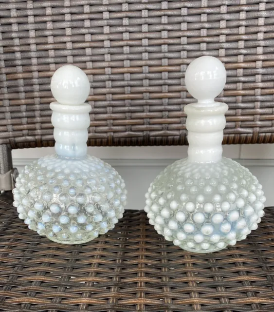 Vintage Fenton Hobnail Bottles with Stopper Opalescent Milk Glass Set of Two