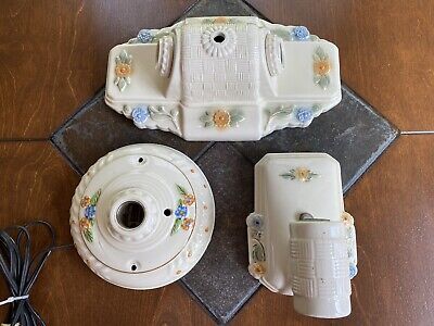 Antique Set (3) Art Deco Flush Mount Ceiling & Wall Light Fixtures Porcelain
