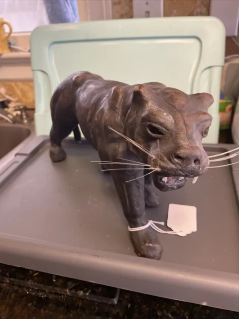 Black Panther Leather Statue Leopard Puma Animal Sculpture Deco Vintage 14” Long