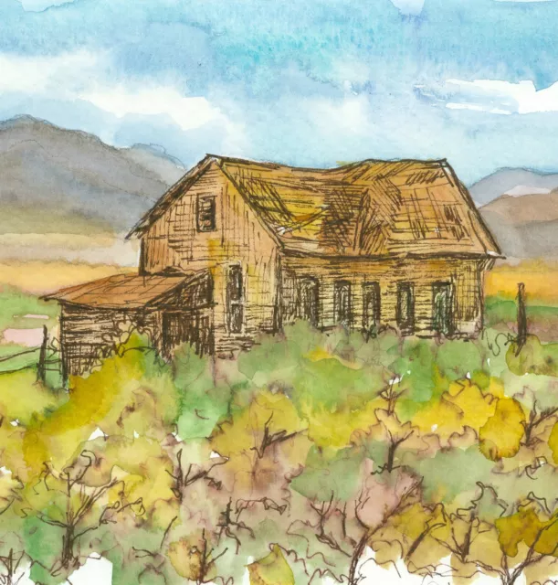 Desert Cabin Original Watercolor Painting Nevada Autumn Sagebrush Fall Landscape