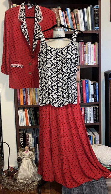 New! Carole Little 3-pc Set Red Black NOS Vintage Rayon Skirt Tank Jacket Sz 8