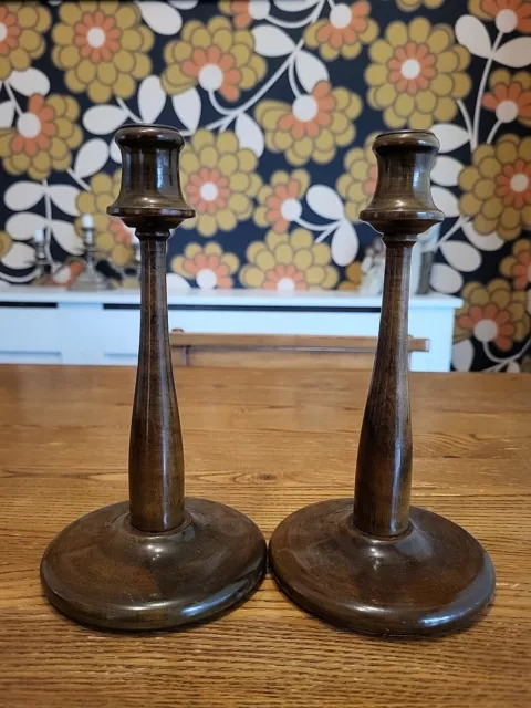 Handsome Pair Of Vintage Turned Wooden Candlesticks - 8 Inch Tall