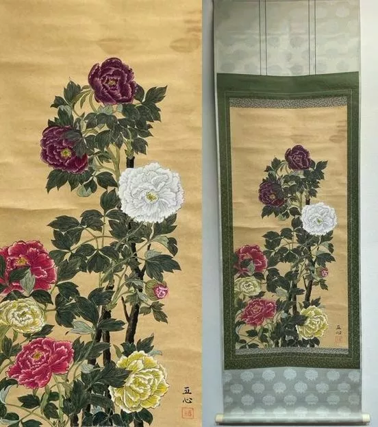 KAKEJIKU Hanging Scroll Peonies in full bloom Art Painting Japanese