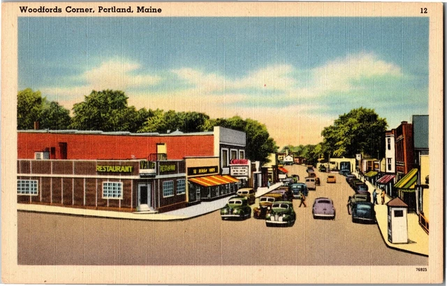 View of Business District, Woodfords Corner Portland ME Vintage Postcard E17