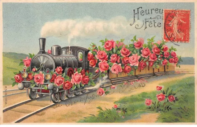 Fantaisies - n°81741 - Heureuse Fête - Train décoré de Roses - Carte gaufr