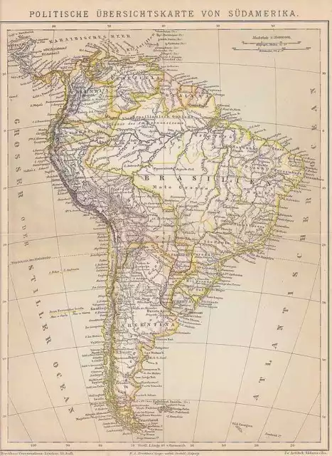 Amérique Du Sud Brésil Venezuela Carte Géographique De 1886 Pérou Uruguay Guyane