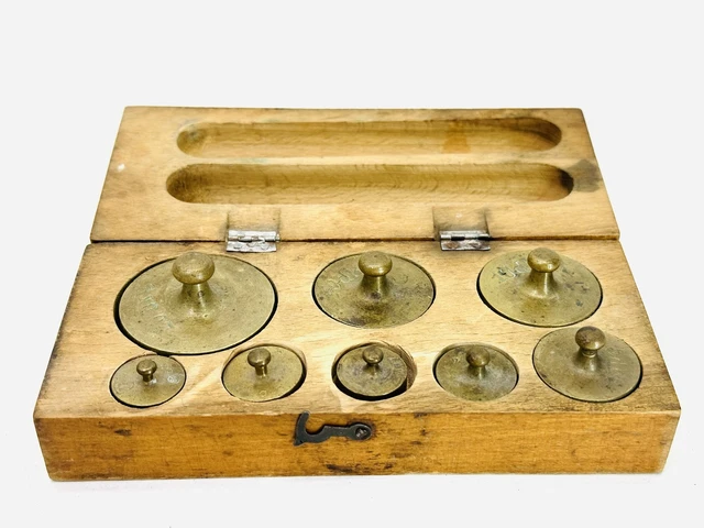 Alte Vintage Apotheker Messing Gewichte Set Holzkiste Waage Medizin Arzt #7158
