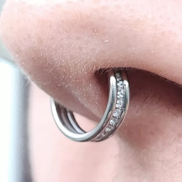 CZ Paved Channel Nose Septum Clicker 16g (1.2mm) 316L Steel Gem Segment Earring