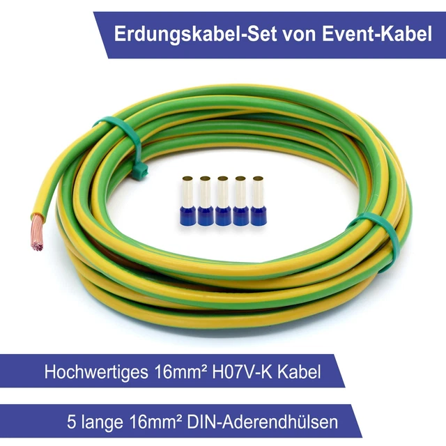 EBROM Erdungskabel 5 M, 16 Mm², Grün-gelb – Mit Kabelschuhen M8 & M10, Made In Germany