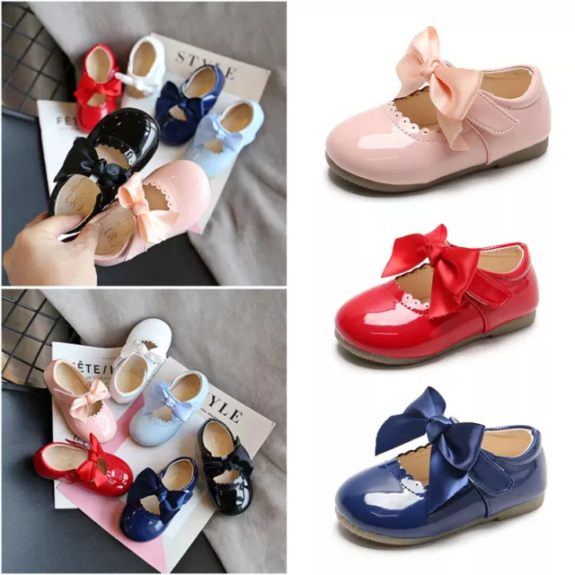 Toddler Girls Spanish Bow Shoes Mary Jane Shiny Wedding Party Patent Flat Shoes