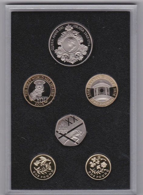 Boxed 2014 Royal Mint Commemorative Edition 6 Coin Proof Set With Certificate.
