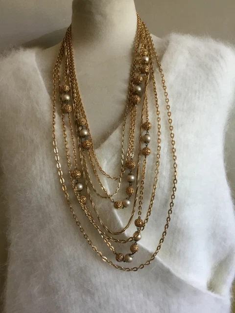 Collier Long 7 Rangs Chaînes Dorées - Très Bon état, Métal Doré Style Multirangs élégant