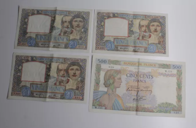 4x Geldschein Frankreich 20 Francs Science et Travail 1941 500 F. La Paix 1940