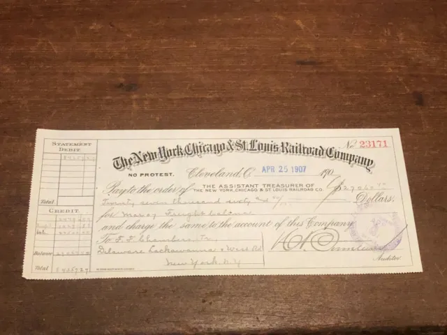 1908 Cleveland OH Railroad Bank Check New York Chicago & St. Louis Railroad DL&W