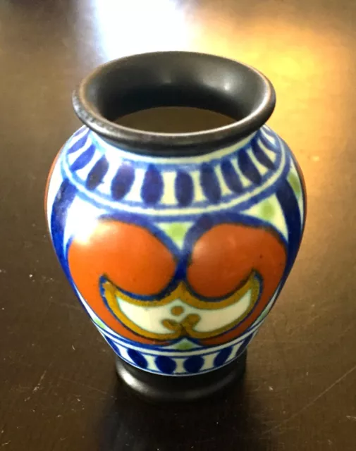 1924 Simple Gouda Miniature 2 1/2"  Vase - Matte Cobalt, Orange, Black, & Gold 2