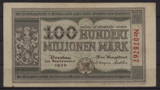 [26365] - Notgeld BRESLAU (heute: Wroclaw), Stadt, 100 Millionen Mark, 00.09.192