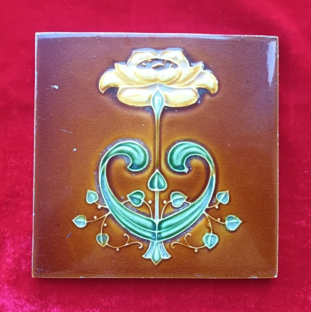 1 Piece Old Art Flower Design Embossed Majolica Ceramic Tiles England 0380