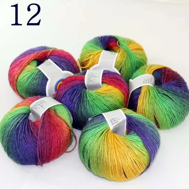Sale 6ballsX50gr Colorful Rainbow Rug Shawl Cashmere Wool Hand Crochet Yarn 12