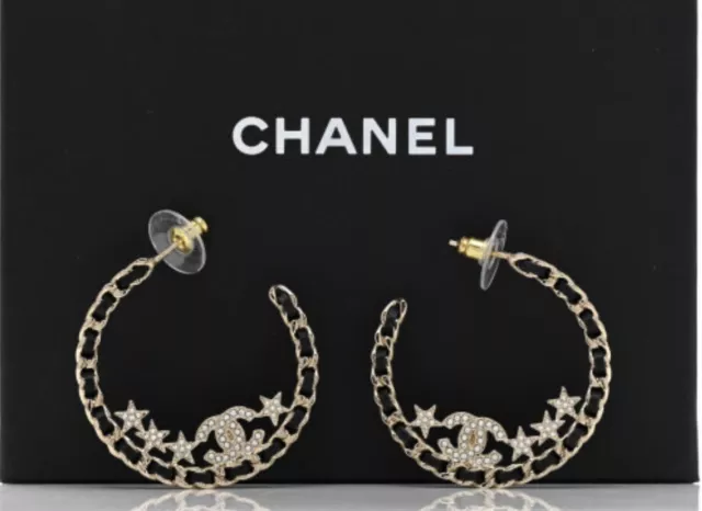 Chanel CC Chain-Link Hoop Earrings Metal with Leather and Crystal Gold  2271181