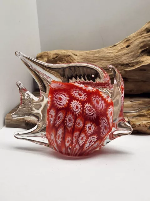 Art Glass Paperweight Red White Angel Fish Figurine Millifiore Decor Tropical