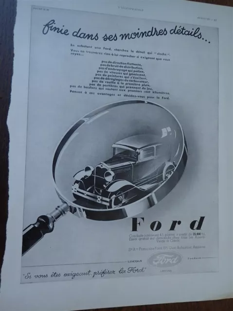 FORD conduite intérieure + chaussures UNIC publicité papier ILLUSTRATION 1931