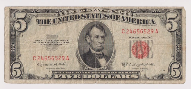 1953 B Five Dollar United States Note Bill Red Seal
