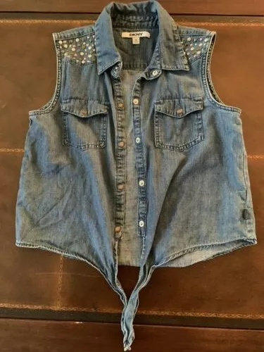 DKNY Girls Blue Jean Denim Sleeveless Button Shirt Top Vest Size XL 3