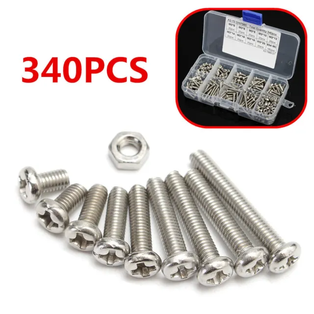 340pcs M3 304 Stainless Steel Cap Head Hex Socket Screw Nut Assortment Kit + Box