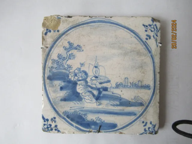 Antique Dutch Delft Blue Tile 17th/18th Century. Pottery. Shepherd...