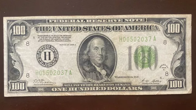 1928 A One Hundred Dollar Note REDEEMABLE IN GOLD $100 Bill Better Grade #56499