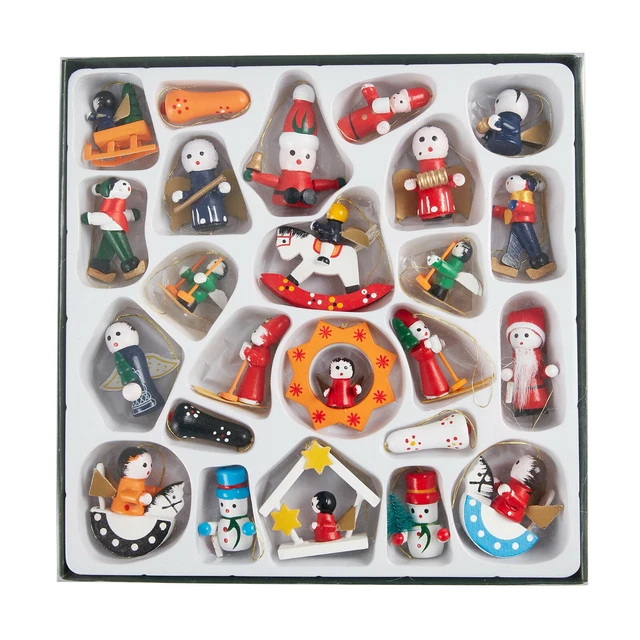 24Pcs Christmas Tree Decoration Traditional Wooden Hanging Ornament Xmas Toy Set