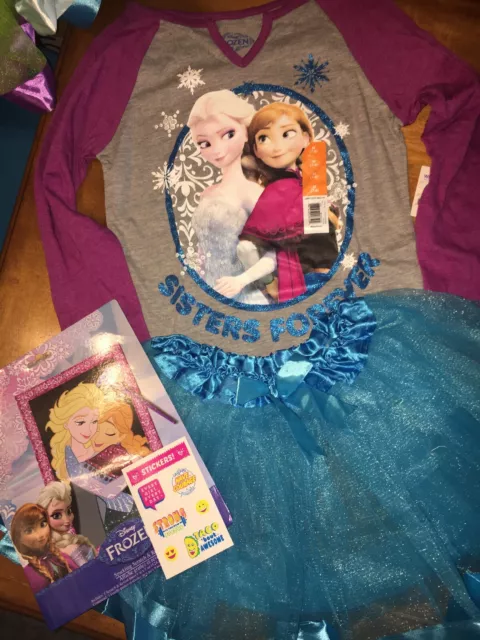 Disney Sz 7 8 Frozen Elsa Sisters Top Tutu Skirt Birthday Set Justice Sticker