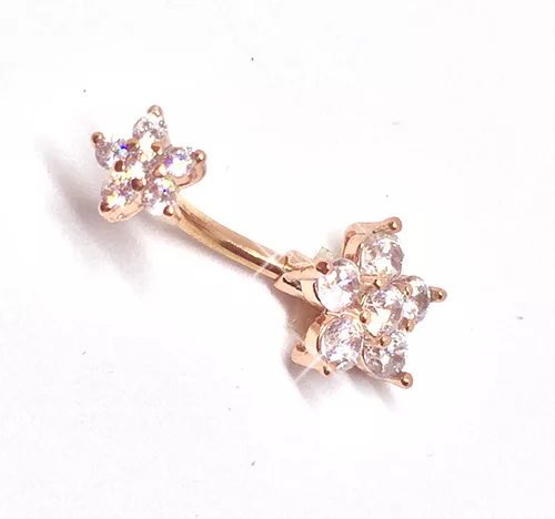 ROSE GOLD Clear CZ Crystal Flower Navel Bar Belly Button 316L Steel-UK